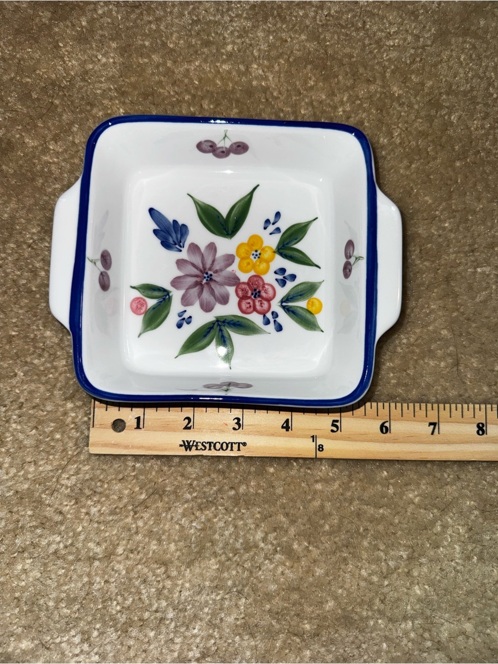 Hand-Painted Floral Ceramic Baking Dish with Blue Rim